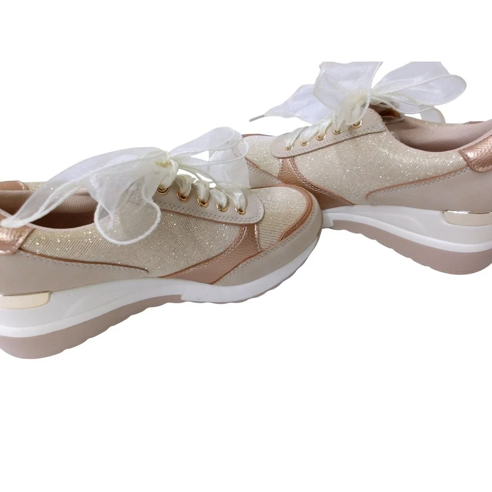 Beige Rose Gold Glitter Wedge Sneakers Ribbon‎ Laces Platform Shoes /#26709